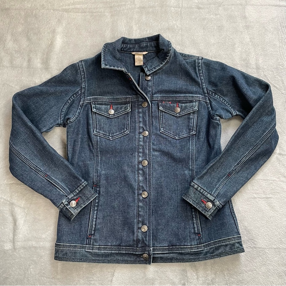 Duluth Trading Denim Jean Jacket Small Womens Bonded Fleece Lined Dark Wash